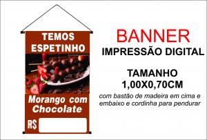 Banner 1,00x0,70 Espetinho Morango com Chocolate Lona Digital 100x70 4x0 Brilho bastão e cordinha 