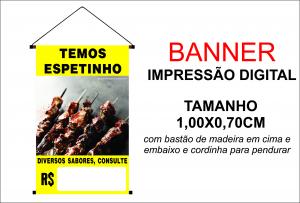 Banner 1,00x0,70  Temos Espetinho Lona Digital 100x70 4x0 Brilho bastão e cordinha 