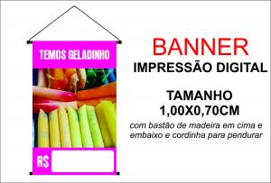 Banner 1,00x0,70  Temos Geladinho Lona Digital 100x70 4x0 Brilho bastão e cordinha 